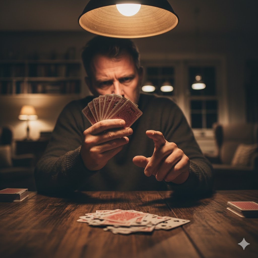 Mies pelaamassa shanghai-korttipeliä